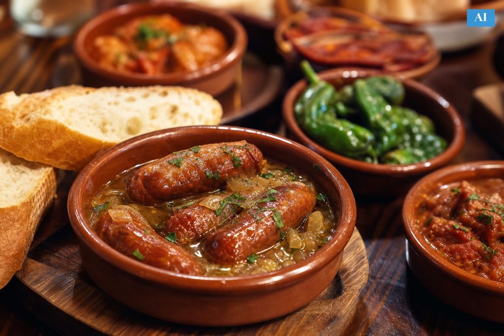 Talerz tapas z kiełbaskami chorizo w winie (grafika wygenerowana przez AI)
